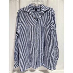 Cremieux‎ Shirt Mens Med Blue Stripe Long Sleeve Button Up Office Classic Linen